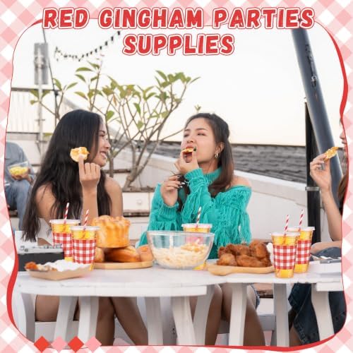 Funnymoom 50 Sets 20 oz Red Gingham Plastic Cups with Lids and Paper Straws - Image 5