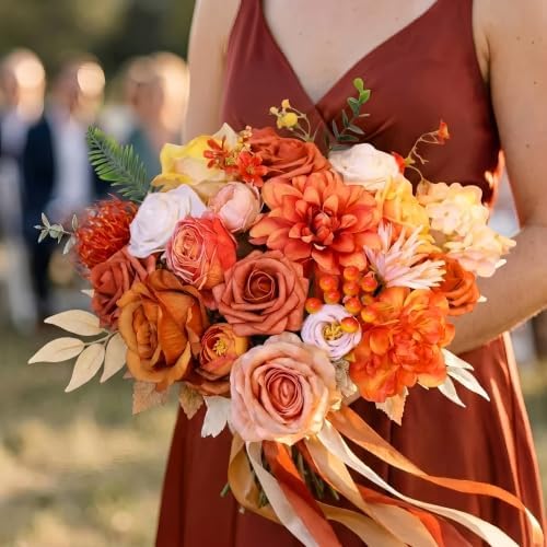 Artificial Flower Combo Box, Fall Orange Roses & Dahlias with Stems - Image 4