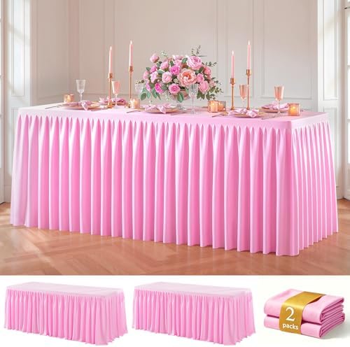 Pink Polyester Table Cloths for Rectangle 8 Foot Tables, 2 Pack Wrinkle Free Tablecloths Stretchy Banquet Ruffle Fitted Table Cover Desk Skirt for Parties Wedding Birthday Baby Shower by Unknown