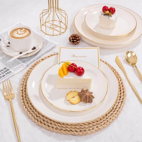 bUCLA 100PCS Ivory Plastic Plates with Gold Rim - Heavy Duty Cream Disposable Include 50 Dinner 10 inch & 50 Dessert 7 inch, for Party & Wedding - Image 4