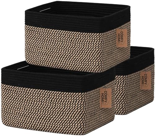 COMFY-HOMI 3PACK Cotton Rope Square Basket with Handles for Shelves|Dog Toy Bin and Storage|Baby Gift|Shoe Organizer|New 13.5" x 11" x 9.5" for Living Room (Black/Jute) by COMFY-HOMI