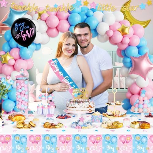 Hombae Twinkle Twinkle Little Star Gender Reveal Decorations, Star Boy or Girl Gender Reveal Decorations Balloon Garland Banner Tablecloth Box Cutout Backdrop Cake Cupcake Topper Poster Sash 172 PCs - Image 5