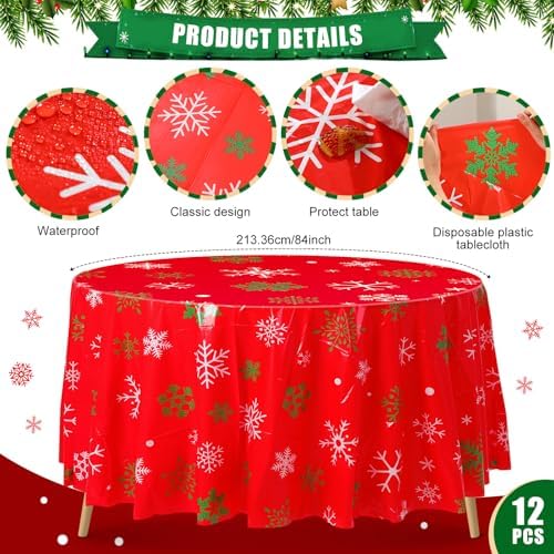 Ganeen 12 Pcs Round Snowflake Tablecloth 84 Inch Red Plastic Party Cover - Image 2
