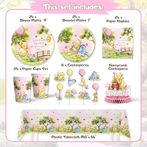 106 Pc Pink Winnie Baby Shower Decorations Girl – Pooh Tableware, Serves 24 - Image 4