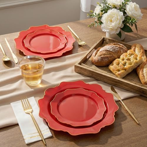 WDF 175Pcs Red Plates - Red Plastic Plates with Gold Rim - Fancy Disposable Dinnerware Sets Ideal for Party/Wedding - Image 6