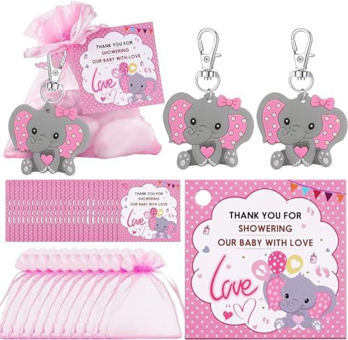 50 Sets Baptism Party Return Favors for Guests Pink Elephant Keychains Organza Bags and Thank You Kraft Tags for Elephant Theme Party Favors, Baptism Party Supplies by Unknown