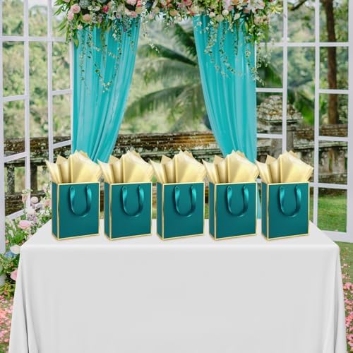 Yeaqee 50 Pcs Metallic Paepr Gift Bags Bulk with Handles,Turquoise Gold - Image 6