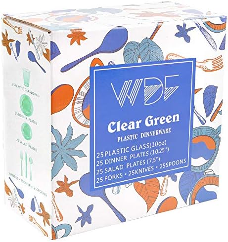 WDF 25 Guest Green Plastic Plates with Disposable Silverware&Green Cups-Neon Clear Plastic Dinnerware include 25 Dinner & Salad Plates,25 Forks, 25 Knives, 25 Spoons,25 Cups for Party - Image 6