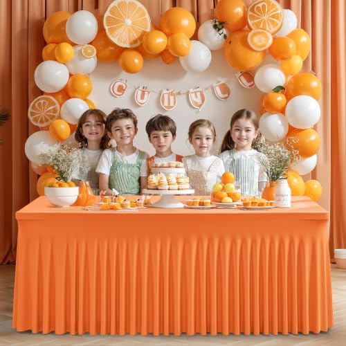 6 Packs Orange Table Clothes for 8 Foot Rectangle Tables, One-Piece Wrinkle Resistant Stretch Spandex Table Covers with Skirt for Event Banquet Wedding Birthday Party - Image 6