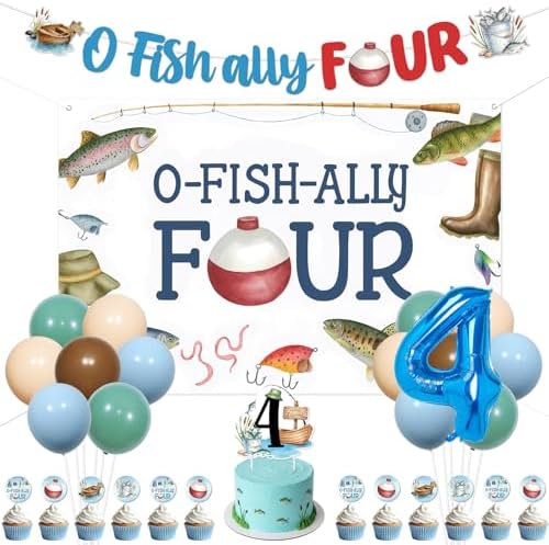 O Fish Ally Four Birthday Decoration Backdrop Banner Fishing 4th Birthday Cake Cupcake Toppers Gone Fishing Latex Foil Balloons for Boy Little Fisherman 4 Years Old Party Decor Supplies by ZestZing