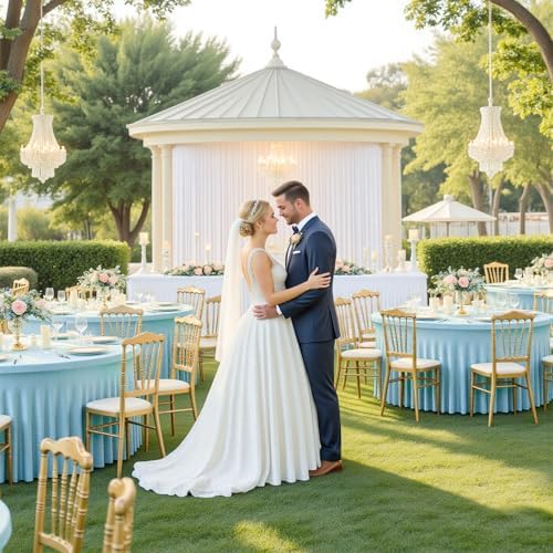 GALLETY 4 Pack Baby Blue Round Tablecloths for 5FT Tables, 120 inch Spandex Fitted Table Cover with Skirt, Wrinkle Free Stretchy Table Cloth for Easter Party, Family Reunion, Spring Event Decor - Image 6