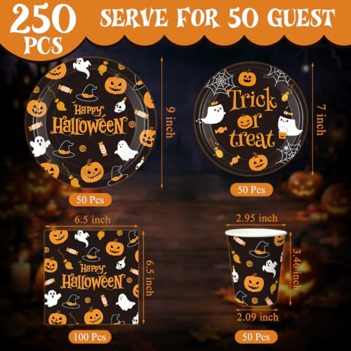 250 Pcs Halloween Party Supplies, Paper Plates Napkins and Cups, Black - Image 3