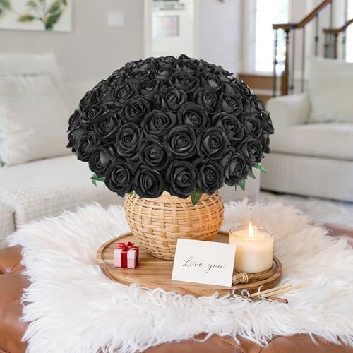 50 PCS Black Roses Artificial Flowers, Fake Roses with Stem Realistic Silk Roses for Halloween DIY Wedding Bouquets Table Centerpieces Arrangements Baby Shower Party Birthday Home Decor Gift for Her - Image 3