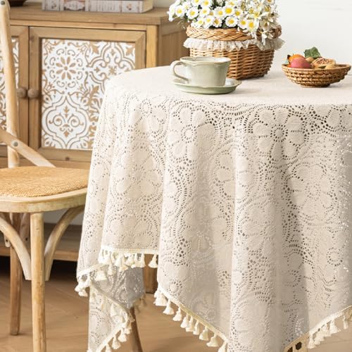 Boho Crochet Cotton Lace Tablecloth Rectangle 60 x 60 Inch Beige - Image 6