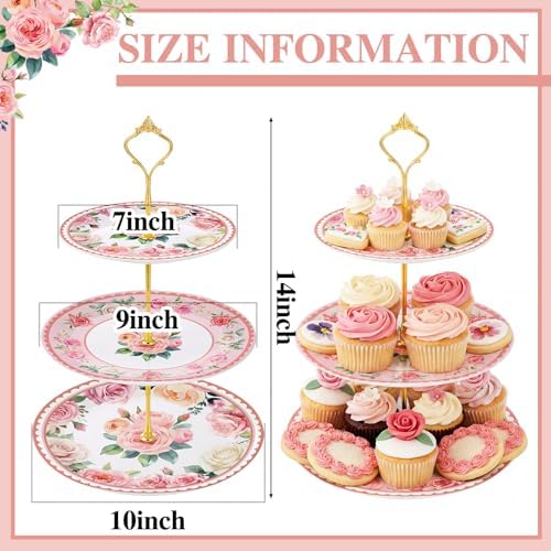 Lallisa Pink Floral Party 3 Tier Dessert Stand 10", 9" and 7" Ceramic Serving Tray Dessert Cupcake Display Holder Tower for Wedding Baby Bridal Shower Tea Party Decoration - Image 2