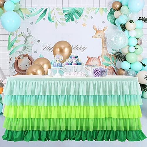 Hawaiian Green Table Skirts Ruffled Tutu Tablecloth for St. Patrick's Day Luau Hawaiian Tropical Beach Party Island Theme Decorations Mint Grass Green - Image 2