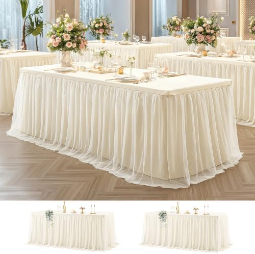 Wish Care 2 Pack Ivory Tulle Tablecloth for 6 Foot Rectangle Tables Stretch Fitted Rectangular Table Cloth 6ft Wrinkle Free Ruffle Elastic Table Cover Tutu Skirt for Wedding Birthday Party Baby Shower by WishCare