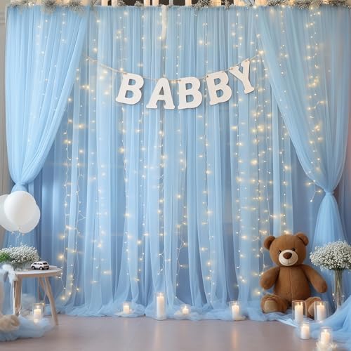 10×10ft Blue Tulle Backdrop Curtain with Lights String for Parties, Sheer Photo Curtain Backdrop Drapes for Wedding Party Photography Backgrounds - Image 6