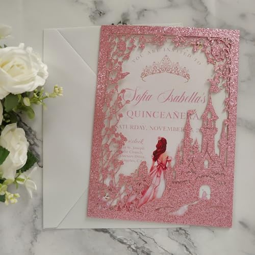 20PCS Castle Pocket Invitations, Quinceanera Invitations with Envelopes, Princess Invitation, Laser Cut quince invites (glitter pink) - Image 6