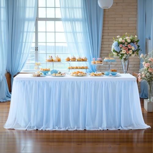 Wish Care 6 Pack Baby Blue Tulle Table Cloth for 8 Foot Rectangle Tables Wrinkle Free Stretch 8ft Light Blue Tablecloths Tutu Skirt Ruffle Fitted Table Cover for Birthday Baby Shower Party Tablecloth - Image 7
