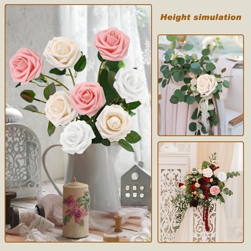 Artificial Flowers Realistic Roses, Real Looking Fake Roses with Stem for DIY Wedding Bouquets Centerpieces Bridal Shower Party Home Romantic Decorations (White/Cream/Light Pink, 100pcs) - Image 4