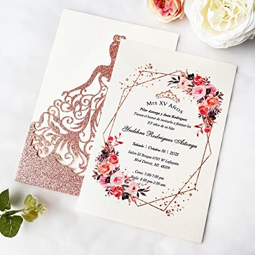 5.12 x7.28 inch 50PCS Personalized Rose Gold Glitter Quinceanera Invitations Laser Cut Hollow Princess Pocket with Envelopes Invitations for Quinceanera Bridal Shower Invite - Image 4