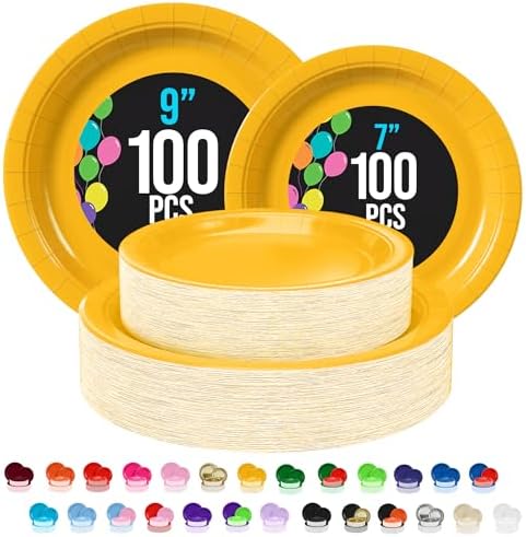 Party Solids Exquisite Yellow Paper Plates Disposable Heavy Duty 200 Pcs - 100-7 & 100-9 Yellow Disposable Plates for Party Heavy Duty 350 GSM for Birthday Supplies by PartySolids