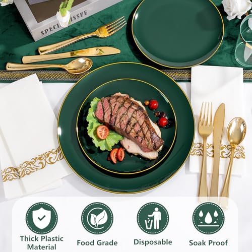 YOUBET 175PCS Green Plastic Plates with Gold Rim for Wedding Party - Image 7