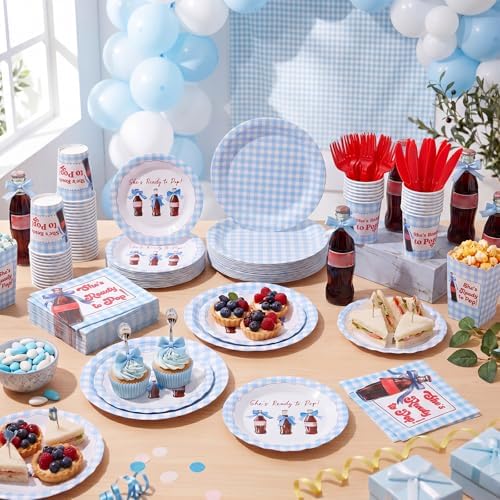 LemonRoad 175 Pcs She's Ready to Pop Baby Shower Party Set Serves 25 Guests, 9'' Dinner Plates 7'' Dessert Plates 9oz Cups Blue Gender Neutral Disposable Tableware for New Baby Welcome Party - Image 2