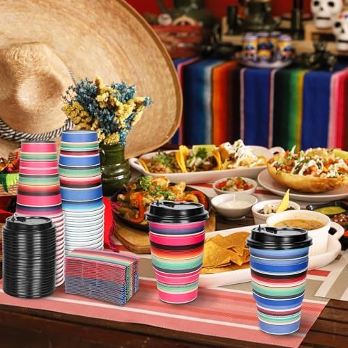 Whaline 50 Sets Mexican Serape Fiesta Disposable Coffee Cups with Lids and Sleeves Mexican Carnival Themed Rainbow Colors Striped Paper Drinking Cups for Cinco De Mayo Birthday Party Supplies - Image 7