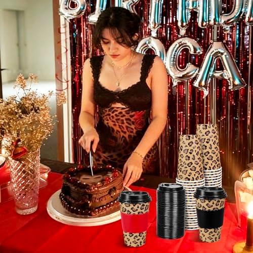 Whaline 50Pcs 16Oz Cheetah Print Leopard Party Disposable Coffee Cups with Lids and Sleeves Jungle Safari Leopard Paper Drinking Cup for Birthday Baby Shower Party Supplies - Image 5