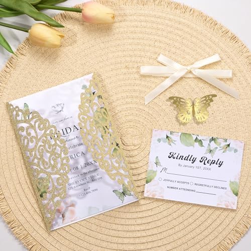 50PCS Gold Wedding Invitations with Envelopes and RSVP Cards - Image 3