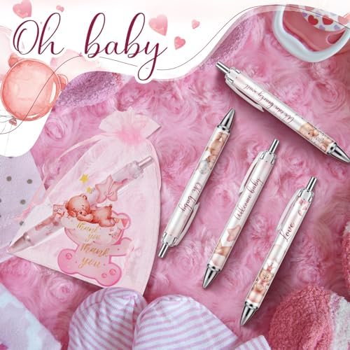 Chuangdi 50 Sets Baby Shower Favors Gifts for Guests Includes 50 Pcs Ballpoint Pens, Thank You Cards and Organza Bags(Pink Bear) - Image 5