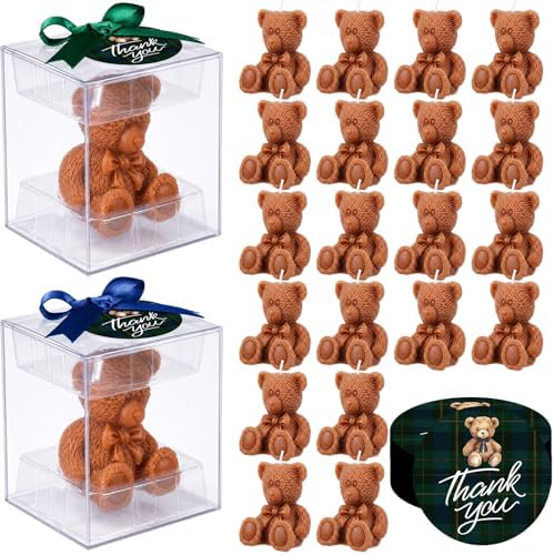 MTLEE 24 Set Tartan Plaid Teddy Bear Candle Favors for Guest We Can Bearly Wait Teddy Bear Baby Shower Favors with Boxes Tartan Plaid Cards Handmade Candles Bulk for Boys Girls Gender Reveal Party by MTLEE