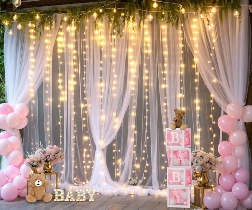 10ft x 10ft White Tulle Backdrop Curtain with Lights String for Parties Wedding Bridal Shower Sheer White Curtain Backdrop for Birthday Baby Shower Photo Booth Background Decorations - Image 4