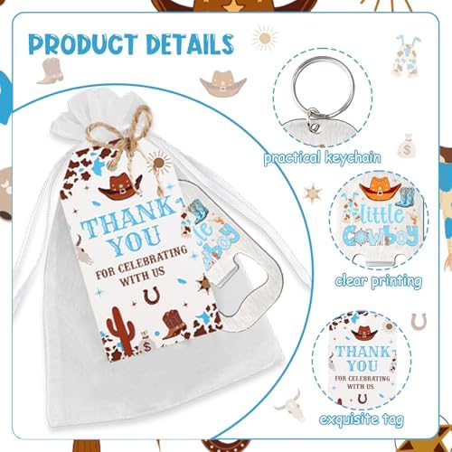 24 Sets Cowboy Bottle Openers Baby Shower Party Favors, Little Cowboy Bottle Openers Keychains Thank You Tags Organza Bags for Western Cowboy Last Rodeo Baby Shower Favors Guest Gifts - Image 5