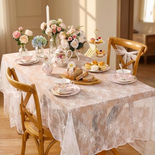 LuoluoHouse 2 Packs 60 x 120 Inch White Lace Rustic Table Cloths Vintage - Image 3
