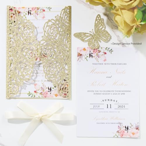 50PCS Gold Glitter Laser Cut Wedding Invitation with Butterfly Ribbons - Image 3