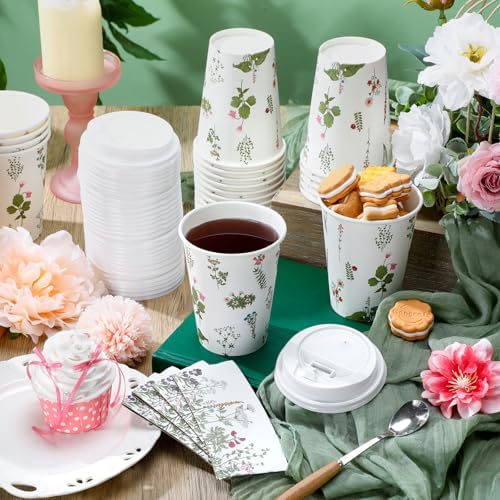 Vesici 60pcs 14oz Wildflower Botanical Coffee Cups with Lids and Sleeves Cute Toilet Floral Herb Disposable Coffee Cups Cocoa to Go Paper Cup for Summer Birthday Wedding Bridal Shower Party Supplies - Image 4