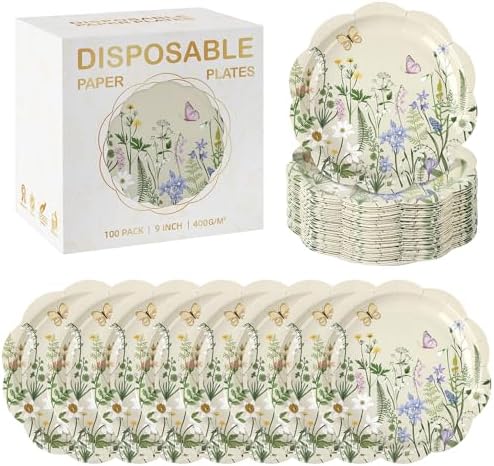 Kochorie 100 PCS Wildflower Scalloped Party Plates, 9 Inch Disposable Floral Paper Plates, Vintage Flower Paper Plate, Floral Dinner Plate Bulk for Birthday Bridal Baby Shower Wedding Party Supplies by Kochorie