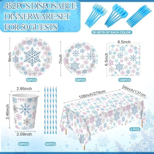 Funnymoom 452 Pcs Blue Purple Winter Snowflakes Party Supply 50, Plates set - Image 2