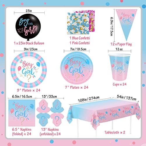 Gender Reveal Decorations, Baby Shower Party Supplies 124 Pieces Paper Plates, Cups, Napkins, Tablecloths, Black Balloon, Banner, Tableware Set Disposable Dinneware - Image 2