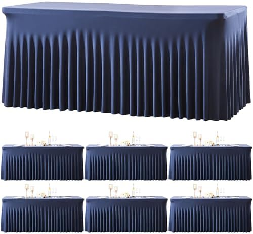 gogoparti 6 Pack Spandex Navy Blue Fitted Table Cloth for 6ft Rectangle Tables Navy Blue Stretch Tablecloth Banquet Table Covers Skirt Wrinkle Free Tablecloths for Parties Wedding by Gogoparti