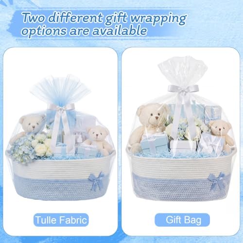 Colingmill Large Woven Gift Basket Empty 17”x13”x7.6” Jumbo Storage Basket with Gift Bag Ribbon and Tulle Gifts Card Paper Filler for Wedding DIY Baby Toy Baskets with Handles(Blue,Stripe) - Image 4
