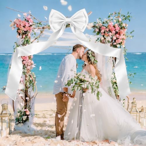 Giant Bow Decoration 75x19 Inch，Big Bow for Backdrop with 10 Pcs Satin Ribbon Bows, Large Satin Decorative Bows for Wedding Birthday Party Baby Shower Room Supplies(White) - Image 2