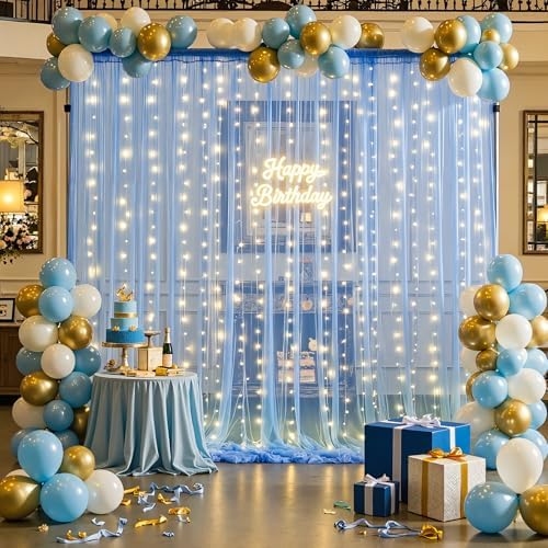 20ft x 12ft Baby Blue Tulle Photo Backdrop Curtain with Lights String for Parties Wedding Sheer Light Blue Curtain Backdrop for Baby Shower Boy Birthday Party Gender Reveal Photo Booth Background - Image 3
