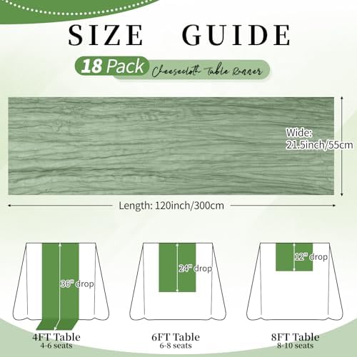 18 Pack Sage Green Cheesecloth Table Runner 21.5x120 Inch, Semi Sheer Boho Gauze Cheese Cloth Fabric Table Runners 10 FT Long for Wedding Party Baby Shower Birthday Home Decor - Image 3