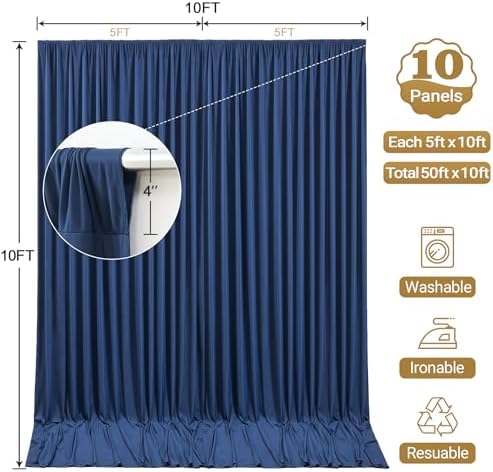 50x10FT Backdrop Curtains with Rod Pockets - Wrinkle Free Photo Stage Backdrop 10 Panels Curtains Drapes for Photography Wedding Party Baby Shower Decorations (Navy Blue) - Image 6