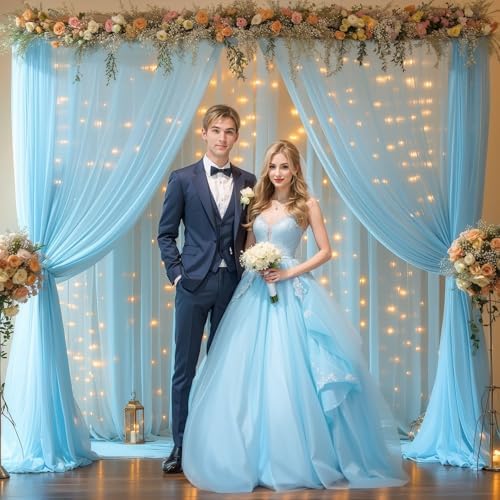 10x10ft Blue Tulle Backdrop Curtains with Lights String for Parties, Wrinkle Free Sheer Curtain Wedding Photo Backdop Drapes for Baby Shower Birthday Party Ceremony Photography Home Decorations - Image 5