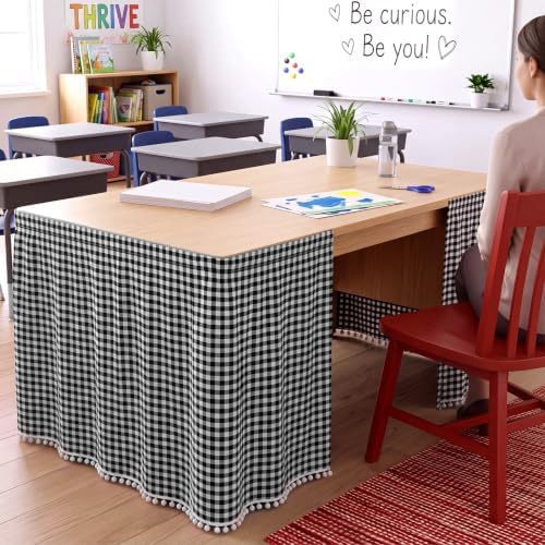 Tudomro Teacher Desk Skirt Table, Tassel, 9ft, Black and White Gingham - Image 6
